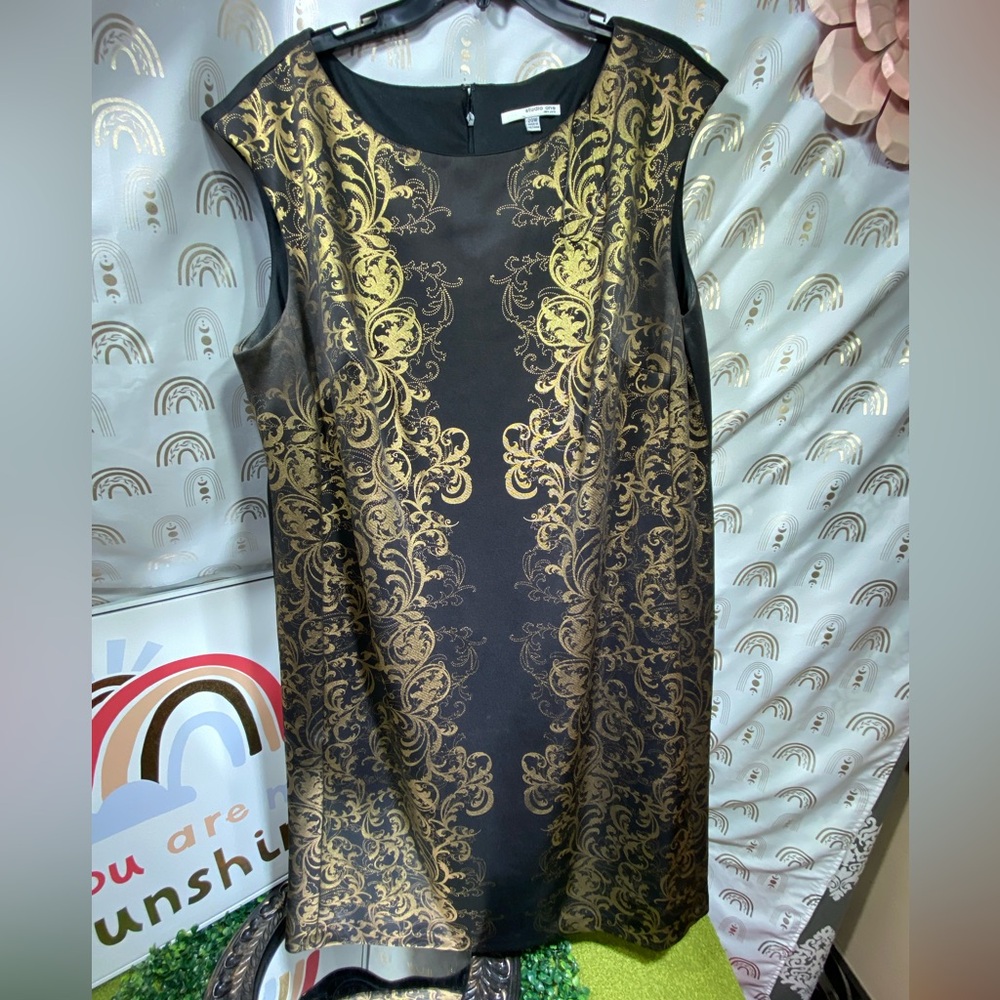 Studio One Black and Gold Brocade Midi Dress